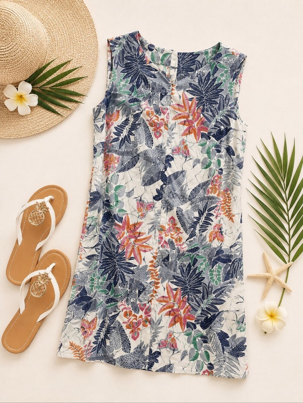 Made In HAWaii Sleeveless Ivory Shift Tropical Floral Hawaiian Dress. Ladies L